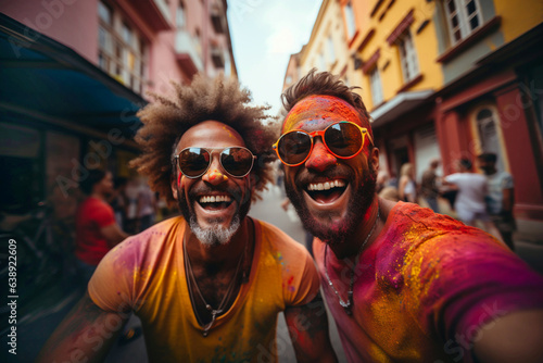 Selfie portrait of multiracial male gay, friends, couple celebrate festival of Holi in India, close up look at camera, happy smile of romance flirt. Rainbow LGBTQ love concept. Generative AI