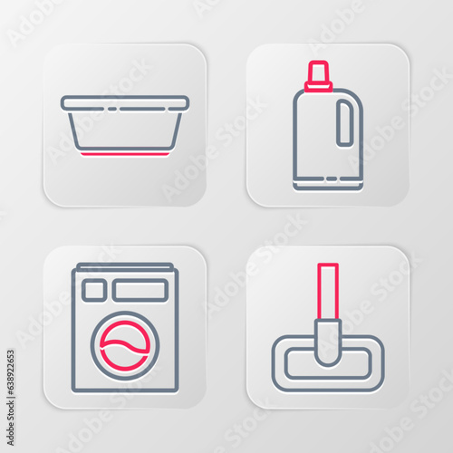 Set line Mop, Washer, Fabric softener and Plastic basin icon. Vector