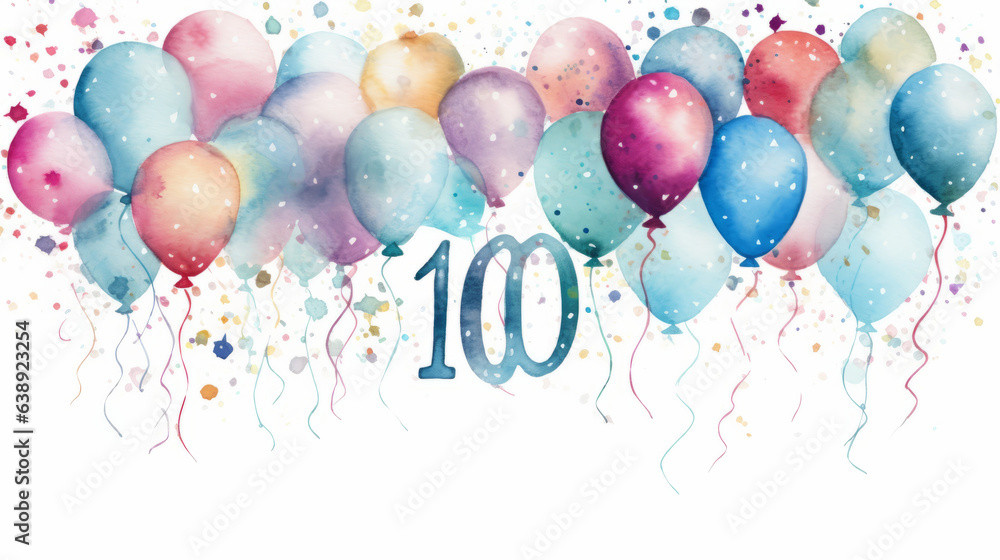 Watercolor 100th birthday clip art with 100 figures and balloons