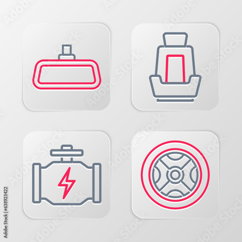 Set line Car wheel, Check engine, seat and mirror icon. Vector