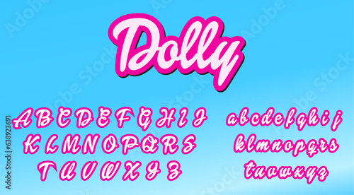 Cartoon Alphabet for feminine topics. Soft curves with vivacious flair. Girly style calligraphy for flyers, posters and web graphics. Magenta/pink lettering on blue sky background. Elements for logo