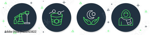 Set line Ramadan drum, Star and crescent, Oil pump or pump jack and Muslim woman in hijab icon. Vector