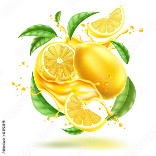 lemon and lime with splashing lemon Juice