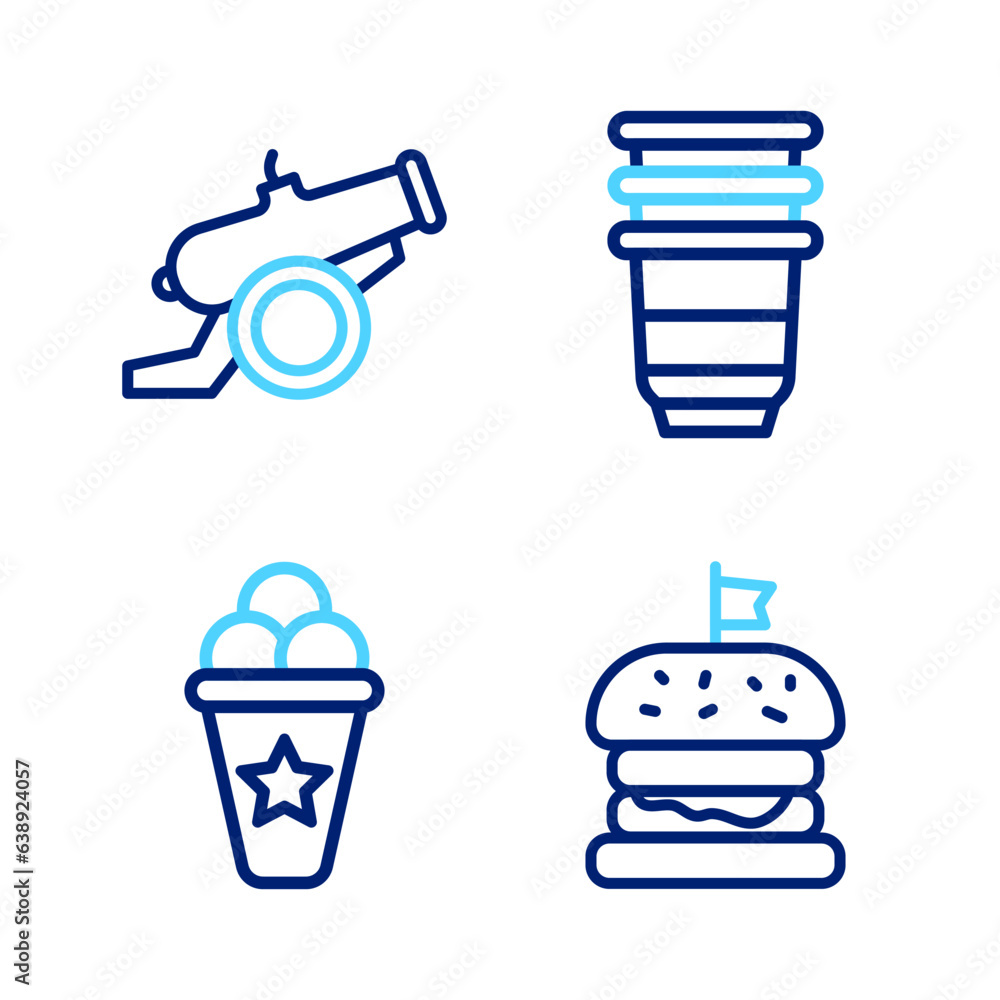 Fototapeta premium Set line Burger, Ice cream in waffle cone, Paper glass and Cannon icon. Vector
