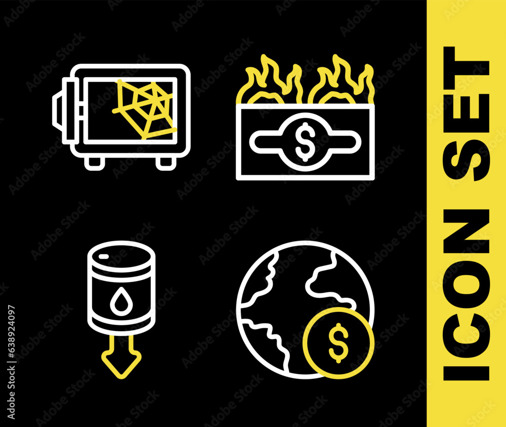 Set line Burning dollar bill, Global economic crisis, Drop crude oil price and Safe icon. Vector Set line Burning dollar bill, Global economic crisis, Drop crude oil price and Safe icon. Vector