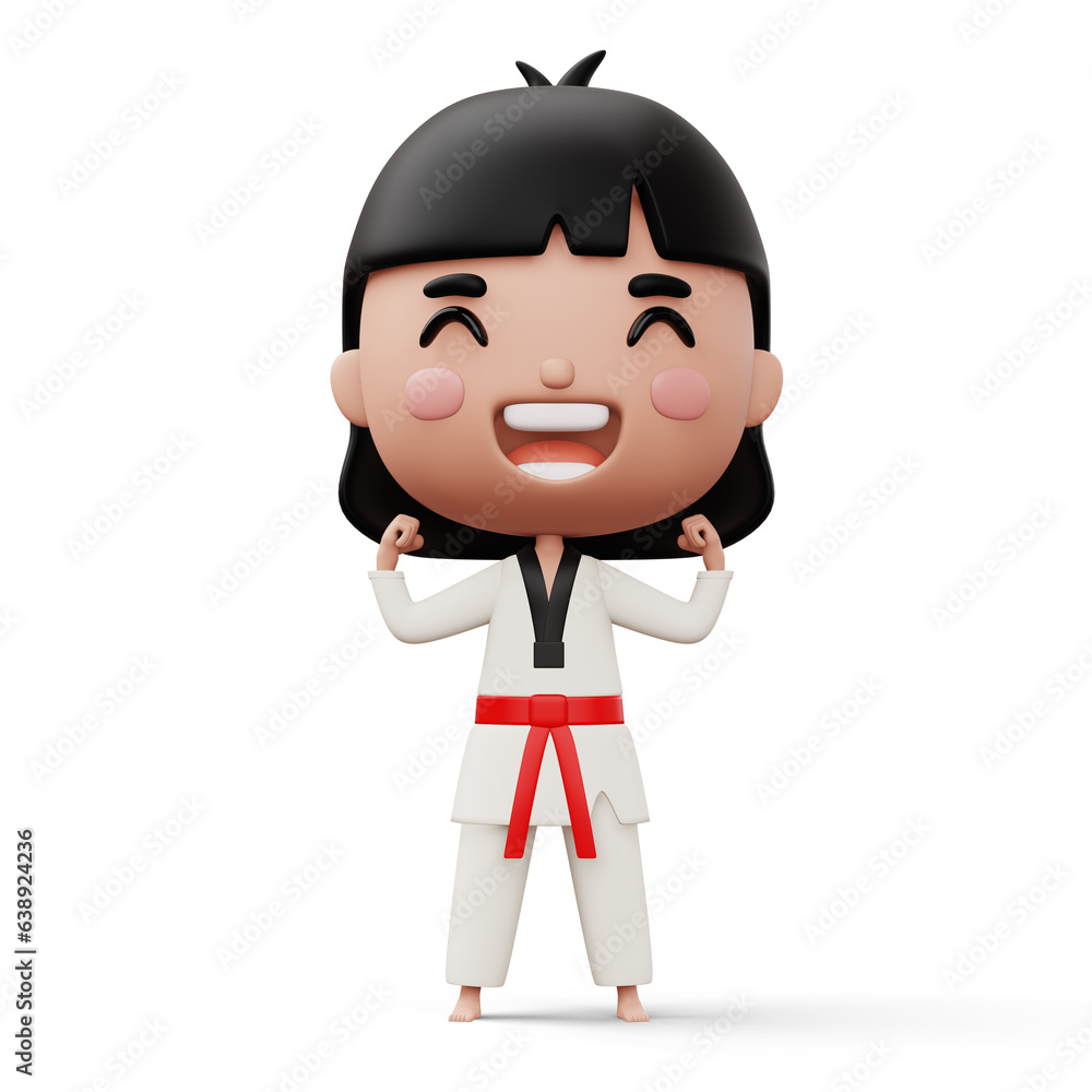 Happy child taekwondo, fighter girl wear taekwondo uniform, kid character, 3d rendering