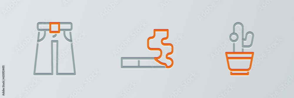 Set line Cactus, Jeans wide and Cigarette icon. Vector Set line Cactus, Jeans wide and Cigarette icon. Vector