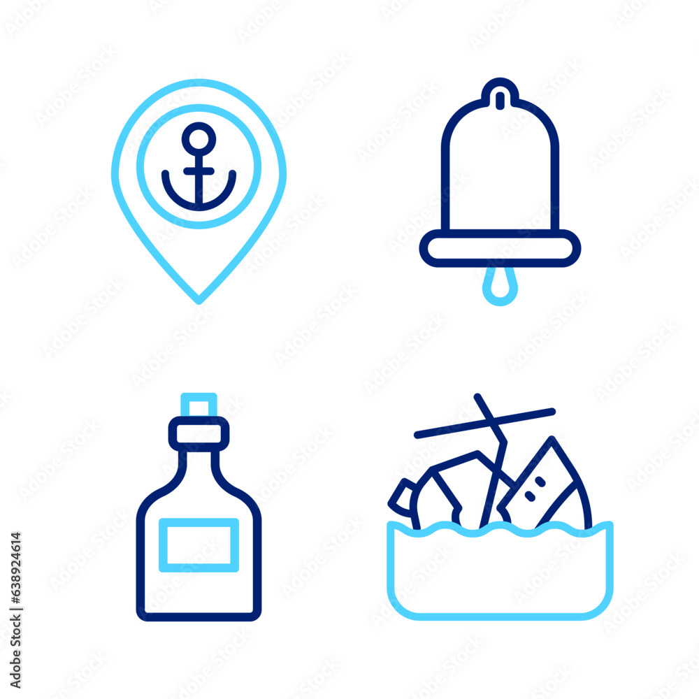 Set line Sinking cruise ship, Rum bottle, Ship bell and Location with anchor icon. Vector Set line Sinking cruise ship, Rum bottle, Ship bell and Location with anchor icon. Vector