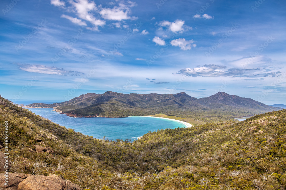 A view from Cape Tourville over Wine Glass Bay, Freycinet National Park, Tasmania.