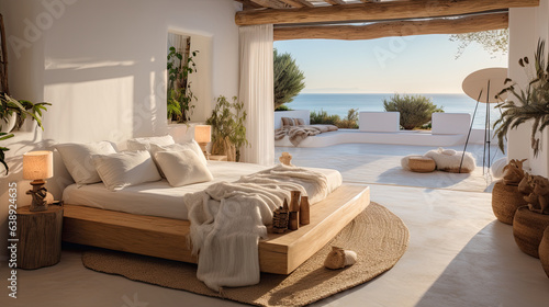 Foto habitación de estilo ibizenco abierta, con cama de madera y cojines blancos y ro