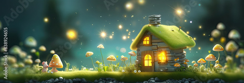 paisaje de un bosque de setas con casa en miniatura de duendes, al anochecer con luciernagas en el cielo, ilustracion de ia generativa