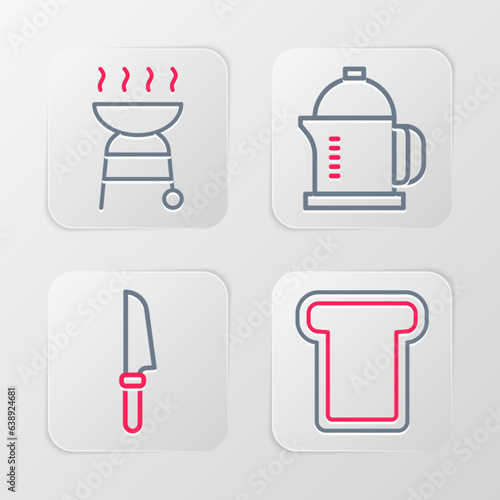 Set line Bread toast, Knife, French press and Barbecue grill icon. Vector