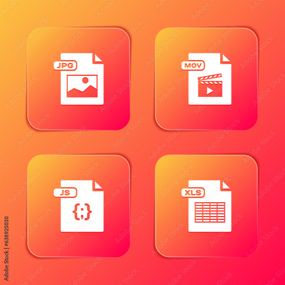 Set JPG file document, MOV, JS and XLS icon. Vector
