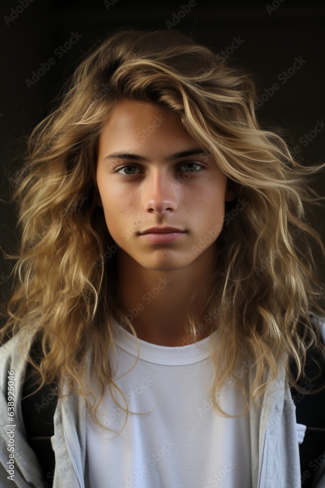 A young person with long blonde hair posing in front of minimal background. Non binary. A young person with long blonde hair posing in front of minimal background. Non binary.