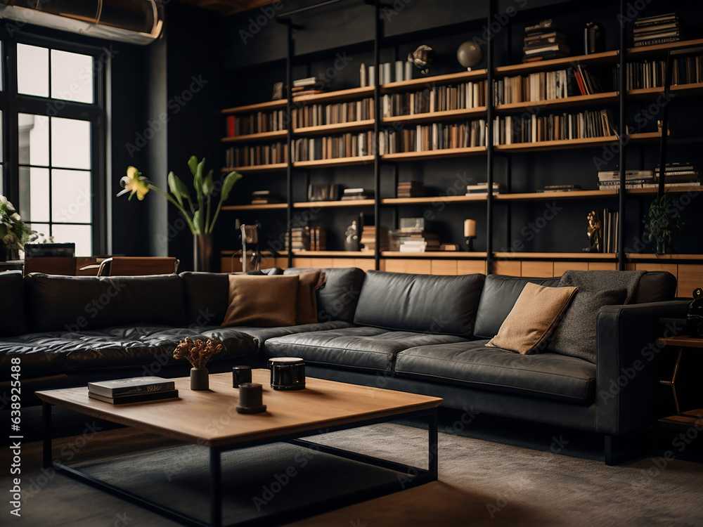 Subtle elegance in a black living room design. AI Generative.