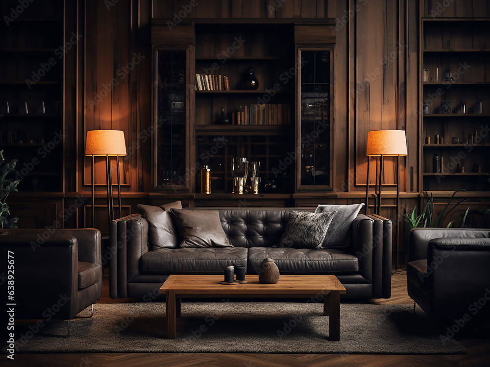 Chic dark wood living room with intricate details. AI Generative.