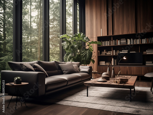 Minimalist dark wood living room with clean lines. AI Generative.