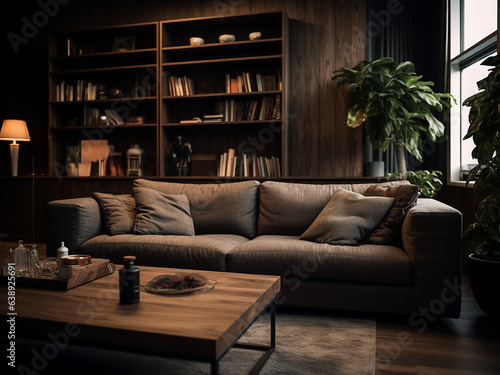 Cozy dark wood living room complemented by soft lighting. AI Generative.