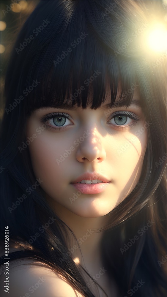 Realistic portrait of a girl beautiful face, sunlight, cinematic light, bangs, a beautiful woman, beautiful eyes, black hair Realistic portrait of a girl beautiful face, sunlight, cinematic light, bangs, a beautiful woman, beautiful eyes, black hair