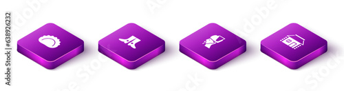 Set Isometric Dumplings, Ukrainian footwear, cossack and house icon. Vector