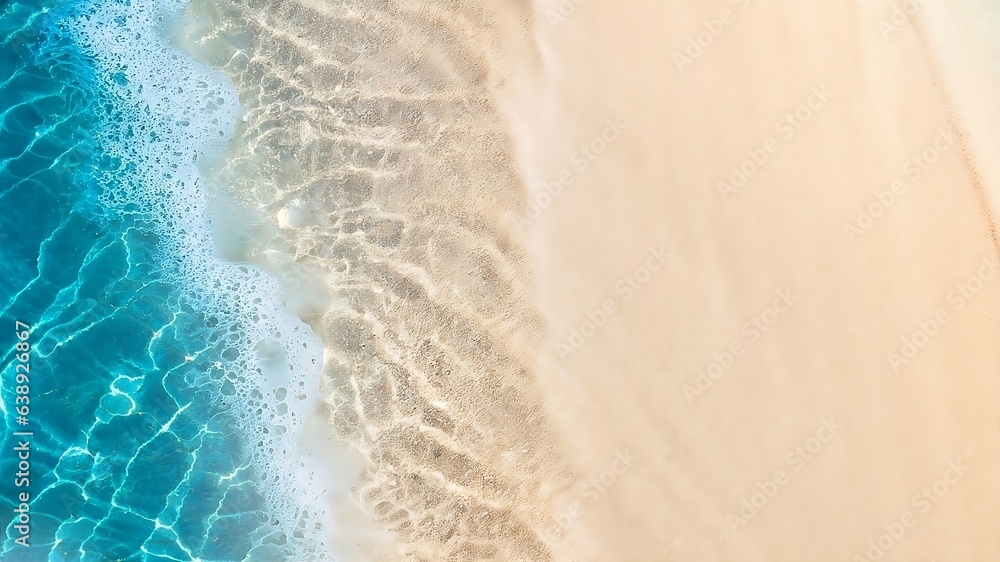 abstract sand beach from above with light blue transparent water wave and sun lights, summer.