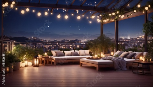 Roof terrace of a beautiful house with nighttime view © Love Mohammad