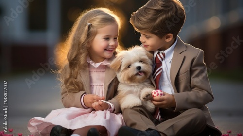 A couple of adorable kids. A boy and a girl are talking while sitting on the street. First love. Valentine's day greeting card
