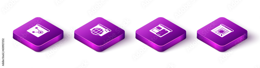 Set Isometric Browser window, Search engine, Web developer programming code and icon. Vector Set Isometric Browser window, Search engine, Web developer programming code and icon. Vector