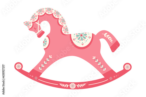 Wooden children's rocking chair cheerful horse painted in the old form for a girl. Flat tyle. Vector illustration. photo