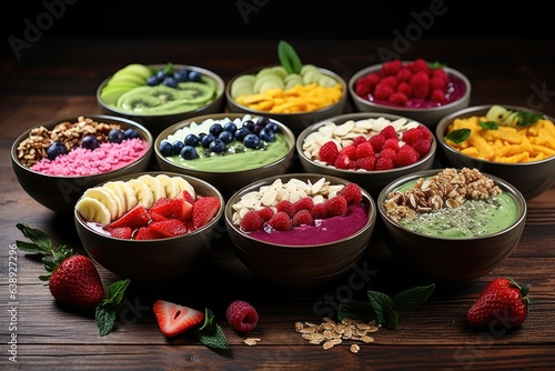 An assortment of colorful smoothie bowls topped with fresh fruit and granola. Generative AI