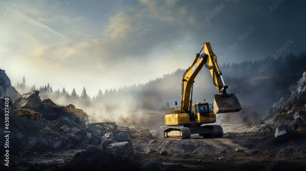 A large construction back hoe vehicle on a large rock pile with another construction vehicle working in the background. Sky is hazy to indicate dust and an active work site. - obrazy, fototapety, plakaty 