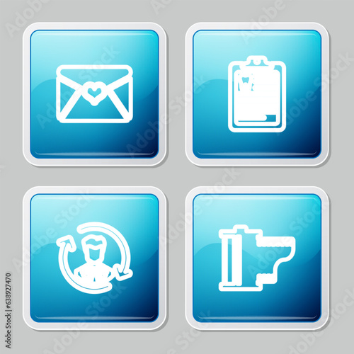Set line Envelope with Valentine heart, Clipboard dental card, Human resources and Camera film roll cartridge icon. Vector
