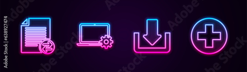 Set line Transfer files, Laptop and gear, Download and Medical cross in circle. Glowing neon icon. Vector