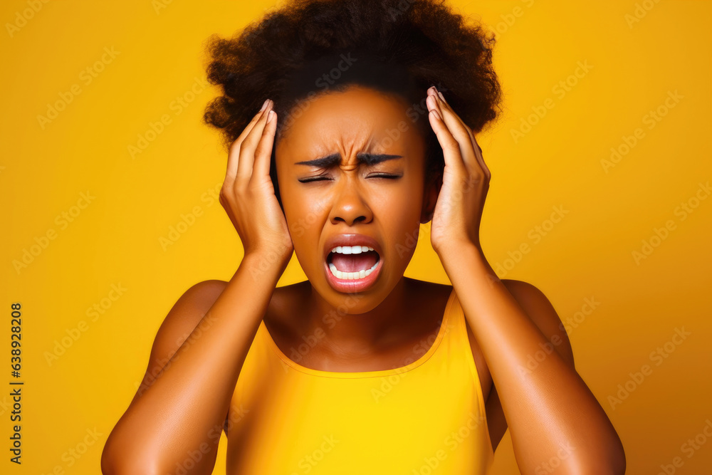 African Descent Woman Screaming Against Yellow Backdrop African Descent Woman Screaming Against Yellow Backdrop
