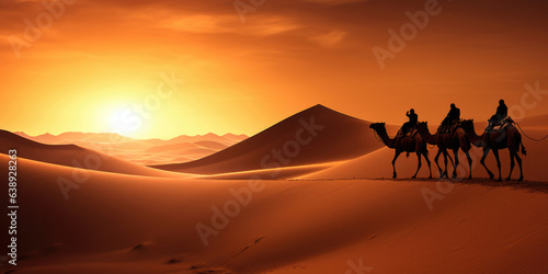 Camel caravan silhouette through the sand dunes in the Sahara Desert  Morocco.