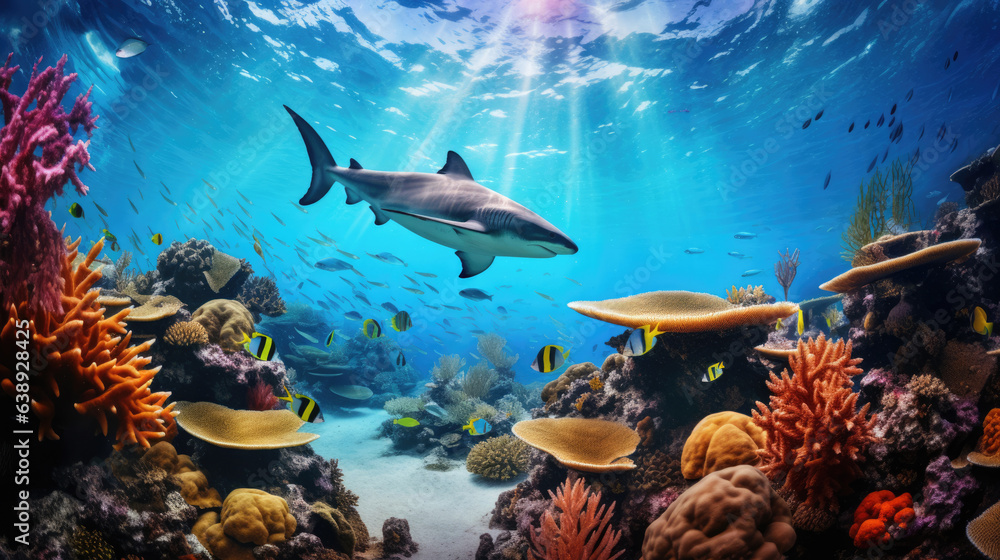 Fototapeta premium Caribbean reef shark and coral reef