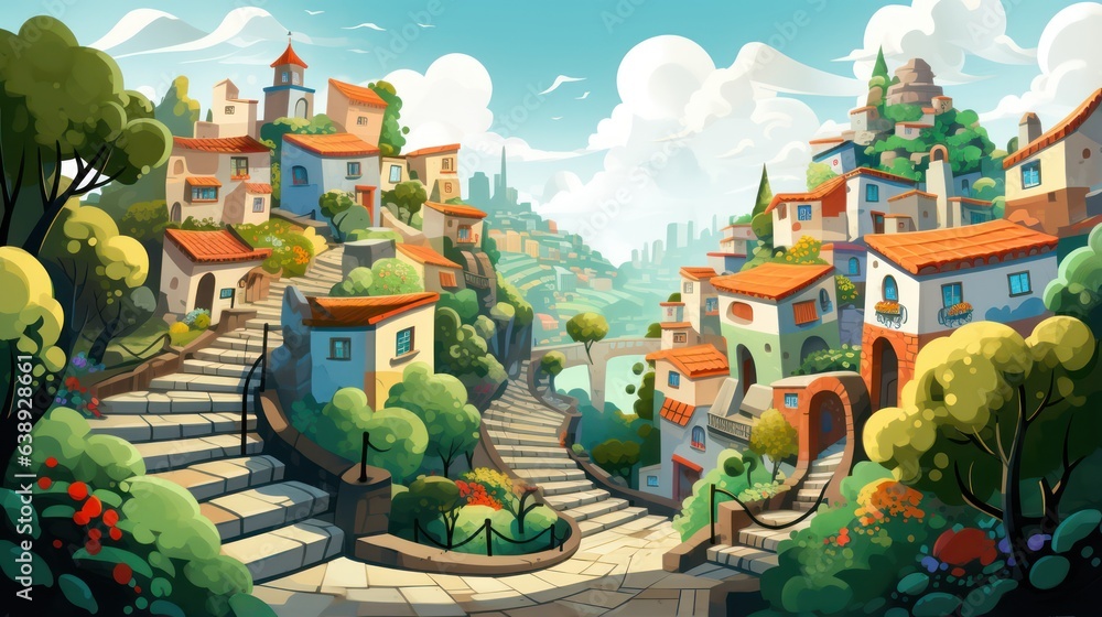 Illustration of a hillside village, cute little houses and interconnecting steps.