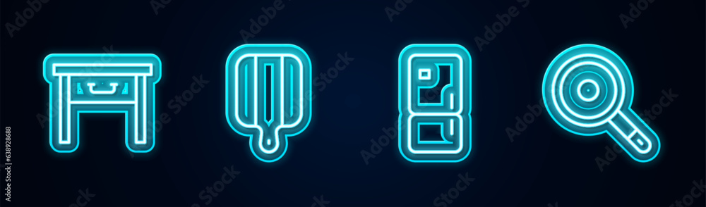 Set line Furniture nightstand, Cutting board, Refrigerator and Frying pan. Glowing neon icon. Vector Set line Furniture nightstand, Cutting board, Refrigerator and Frying pan. Glowing neon icon. Vector