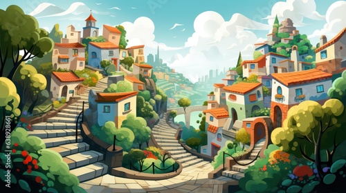 Illustration of a hillside village, cute little houses and interconnecting steps.