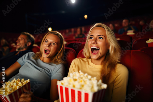 Excited Cinema-Goer Eating Popcorn Emotionally