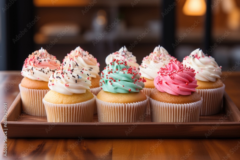 A tray of beautifully decorated cupcakes adorned with colorful frosting and sprinkles. Generative AI