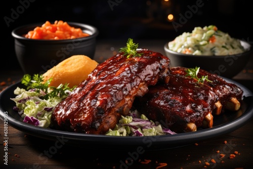 A plate of BBQ ribs with a tangy sauce, served with coleslaw and cornbread. Generative AI