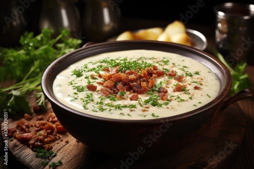 A bowl of creamy potato soup garnished with crispy bacon and chives. Generative AI