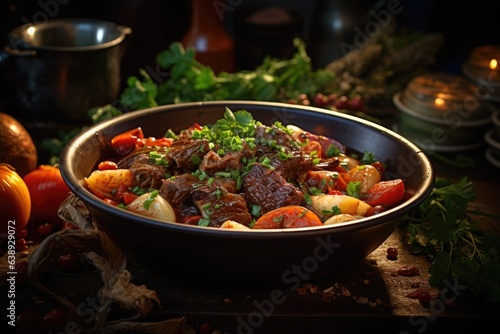 A hearty bowl of beef stew with tender chunks of meat, vegetables, and rich broth. Generative AI