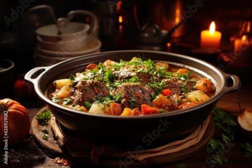 A hearty bowl of beef stew with tender chunks of meat, vegetables, and rich broth. Generative AI