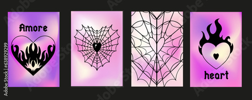y2k emo poster fire, spider web hearts. Vector illustration