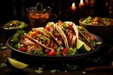A plate of flavorful tacos with grilled chicken, salsa, avocado, and lime wedges. Generative AI