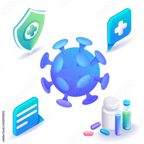 3D Isometric, Cartoon icon of the flu virus. Virus protection, shield with a cross, vaccine, pills, treatment. For Landing Page