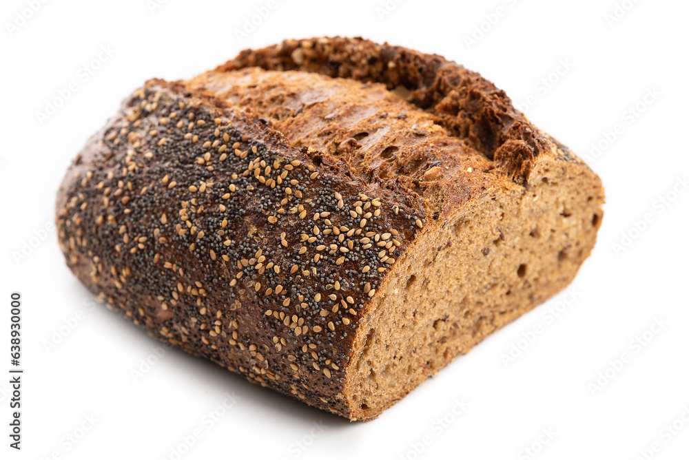 Dark rye bread with poppy seeds, sesame seeds, and others. Isolate on a white background.
