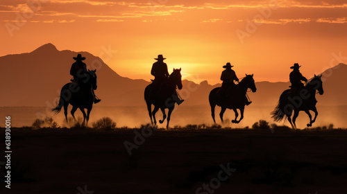 Cowboys  on horseback  silhouetted by the setting sun